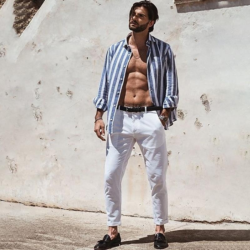 Herren Hemd Leinenhemd Sommerhemd Freizeithemd Strandhemd Knopfhemd Gestreift Urlaub Ferien Schwarz Gelb Rosa Rot Langarm Umlegekragen Frühling & Herbst Bekleidung Button-Down 2025 - $28.99 –P2