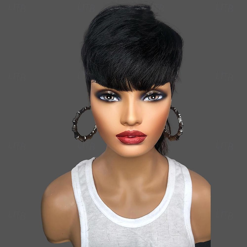 Perucas curtas de cabelo humano brasileiro remy, corte pixie, sem cola, usam e vão completas, feitas à máquina, retas com franja de 2025 por $87.99 –P1