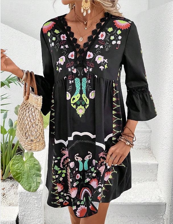 Dámské Midi šaty Šifonové šaty Boho Chic šaty Boho šaty Elegantní šaty Elegantní Čechy Vinobraní Dovolená Denní Rande Štíhlý Květinový Krátký rukáv Do V Černá Světlá růžová Rubínově červená Béžová 2025 - $35.99 –P9