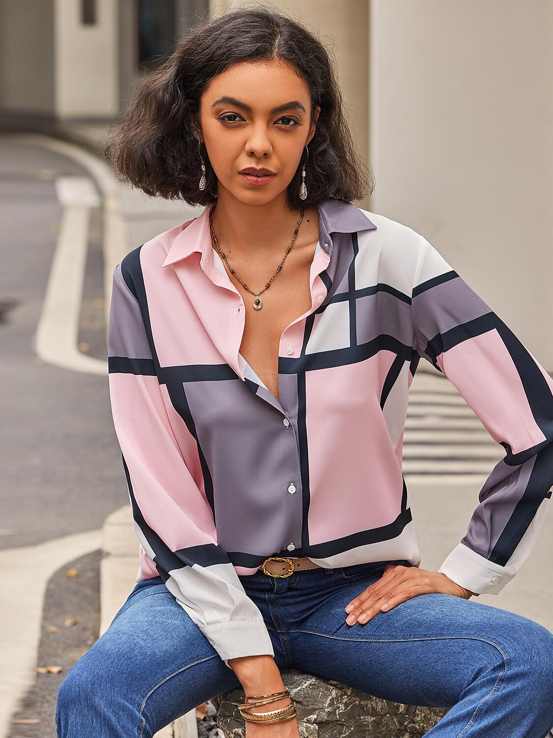 Camicia Donna Moda Flanella Stampa Bottoni Maniche Lunghe Top Regolari Collo Camicia Casual Rosa Viola Primavera Autunno del 2025 a $32.99 –P19