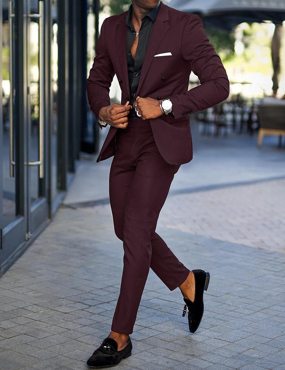 Men's Wedding Suits Black Burgundy Business Formal Solid Colored Tailored Fit 2 Piece Double Breasted Six-buttons 2025 - $112.99 –P3