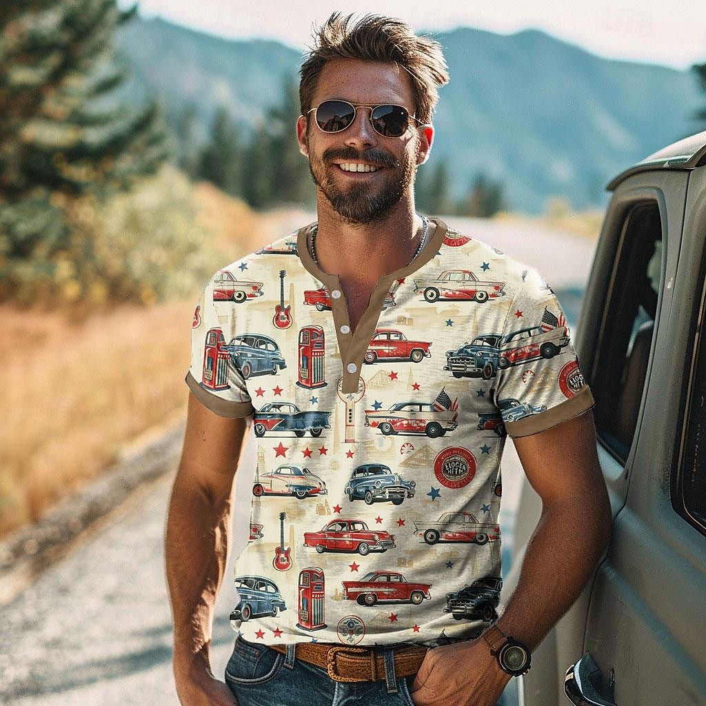 Carefree Interlude X Joshua Jo Men's Vintage Car 3D Printed Vacation Short Sleeve Button Henley Shirt Tee 2025 - $21.99 –P1