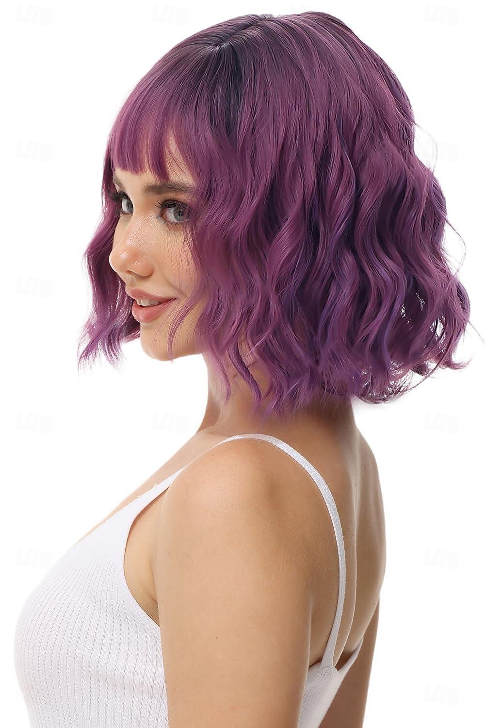 parrucca bob ondulata viola verde rosa con frangia parrucca viola ombre naturale capelli sintetici lunghezza delle spalle parrucche corte ricci per le donne del 2025 a $19.99 –P3