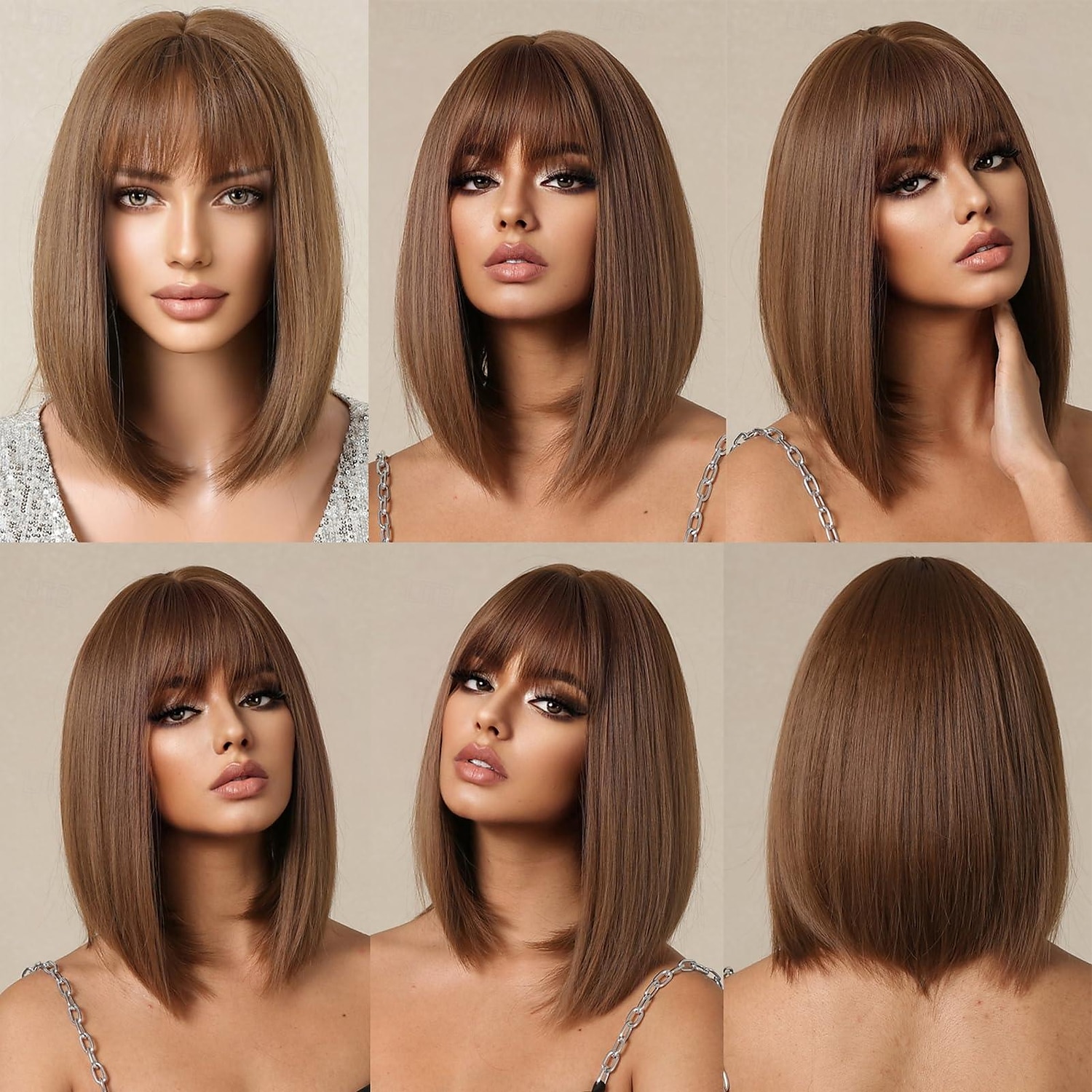 parrucca marrone scuro castano scuro biondo castano ramato con frangia parrucche naturali corte e diritte per le donne parrucche sintetiche lunghe fino alle spalle per il cosplay quotidiano del 2025 a $19.99 –P6