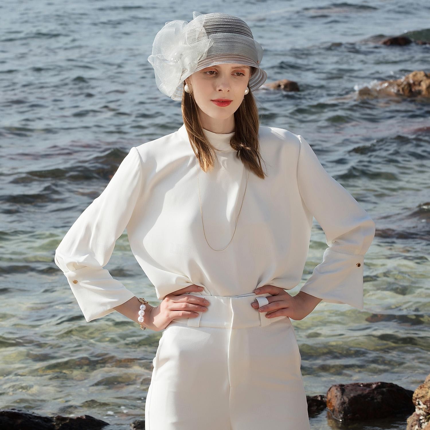 Hatter Fiber Bøttehatt Solhatt Bryllup Te Fest Elegant Bryllup Med Blomster Perledetaljer Hodeplagg Hodeplagg 2025 - $35.99 –P12