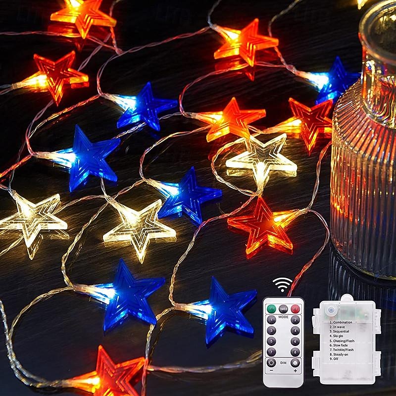 2025年 愛国的な 10 フィート 20 LED スター ストリング ライト 装飾 独立記念日、7 月 4 日 LED スター フェアリー ライト リモコン付き 赤 白 青 8 モード 電池式 ホリデー ホーム パーティー デコレーション  コレクション – $17.99 –P1