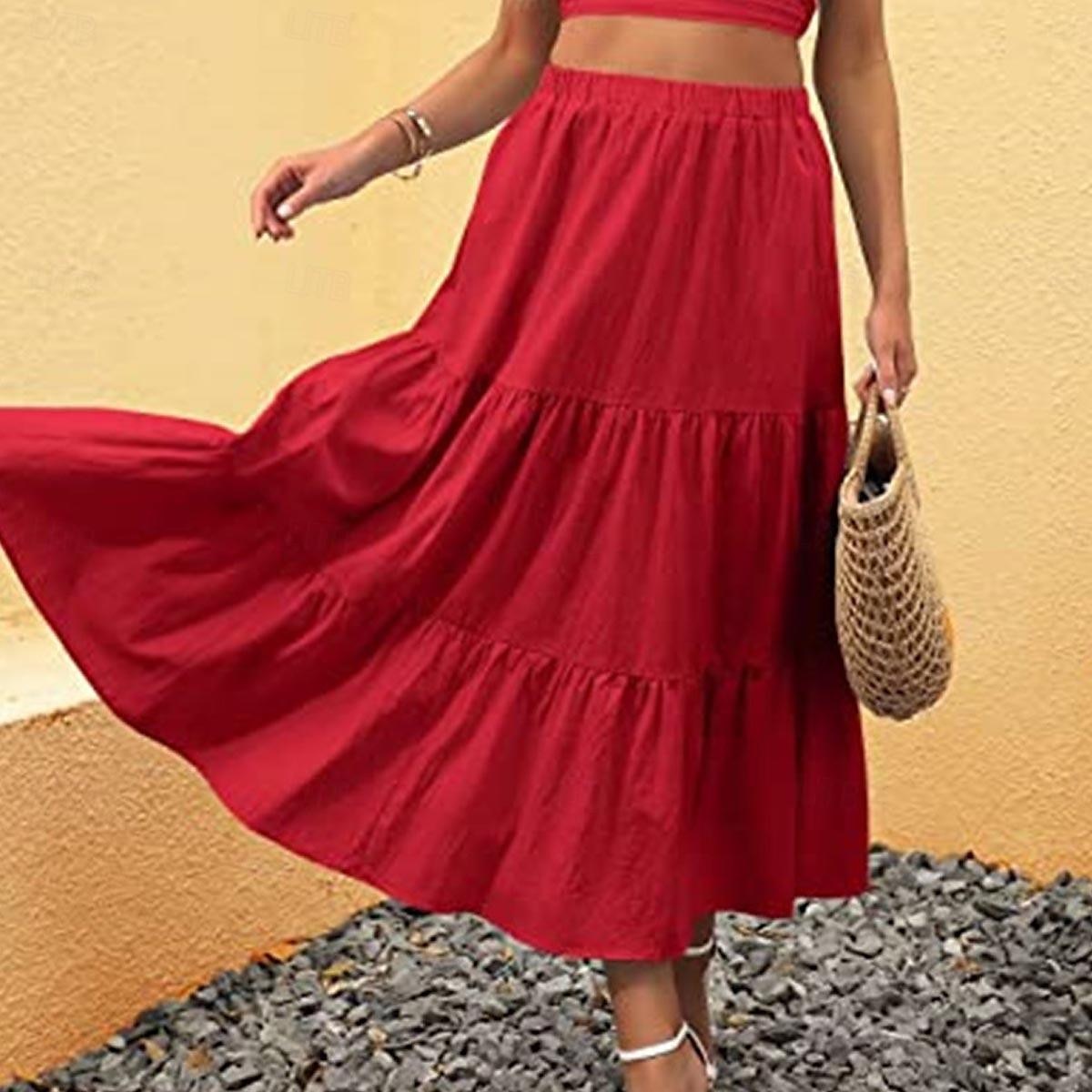 Damenrock A-Linie Swing Maxiröcke Rüschen Tasche einfarbig lässig Alltag Wochenende Sommermode lässig schwarz weiß rot hellblau 2025 - $23.99 –P13