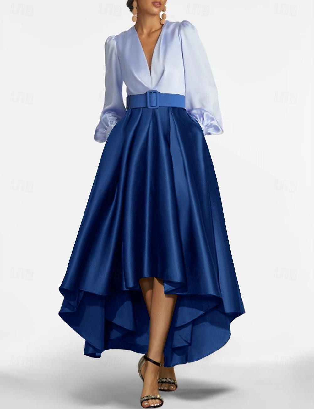 Abito da Sera A-Line Abito con Spacco Alto Formale Invitata al Matrimonio Asimmetrico Manica Lunga Scollo a V Cintura  Sash Seta con Plissé Fessura del 2025 a $183.99 –P1
