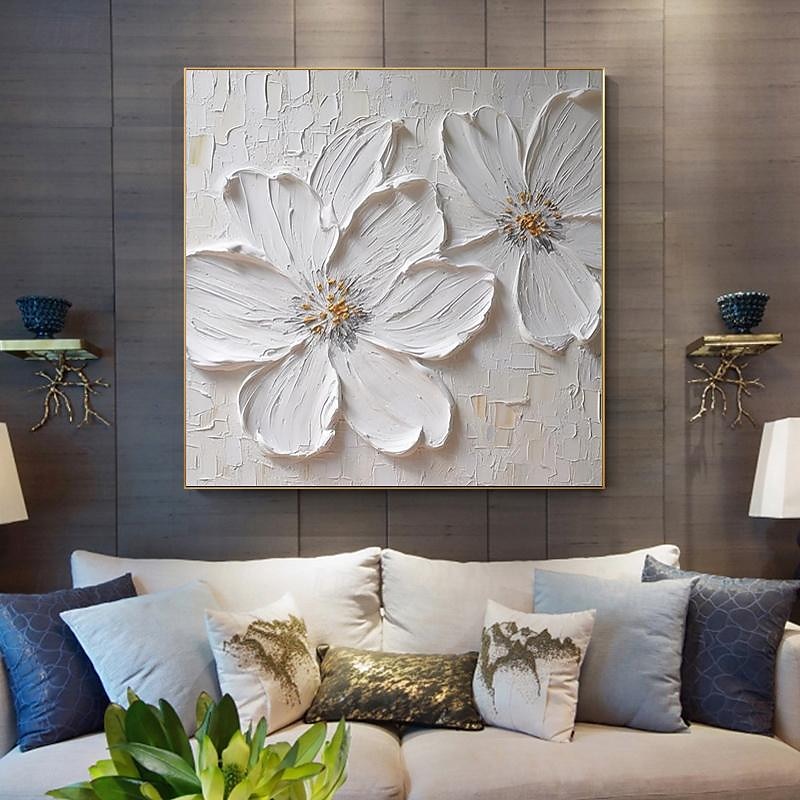 abstraktes, dickes Ölgemälde mit weißer Blume, modern, 100 % handgefertigt, weiße Leinwand, Gemälde, Wandkunst für Wohnzimmer, rahmenloses Dekor, gespannter Rahmen, fertig zum Aufhängen oder ungerahmt 2025 - zł418.99 –P2