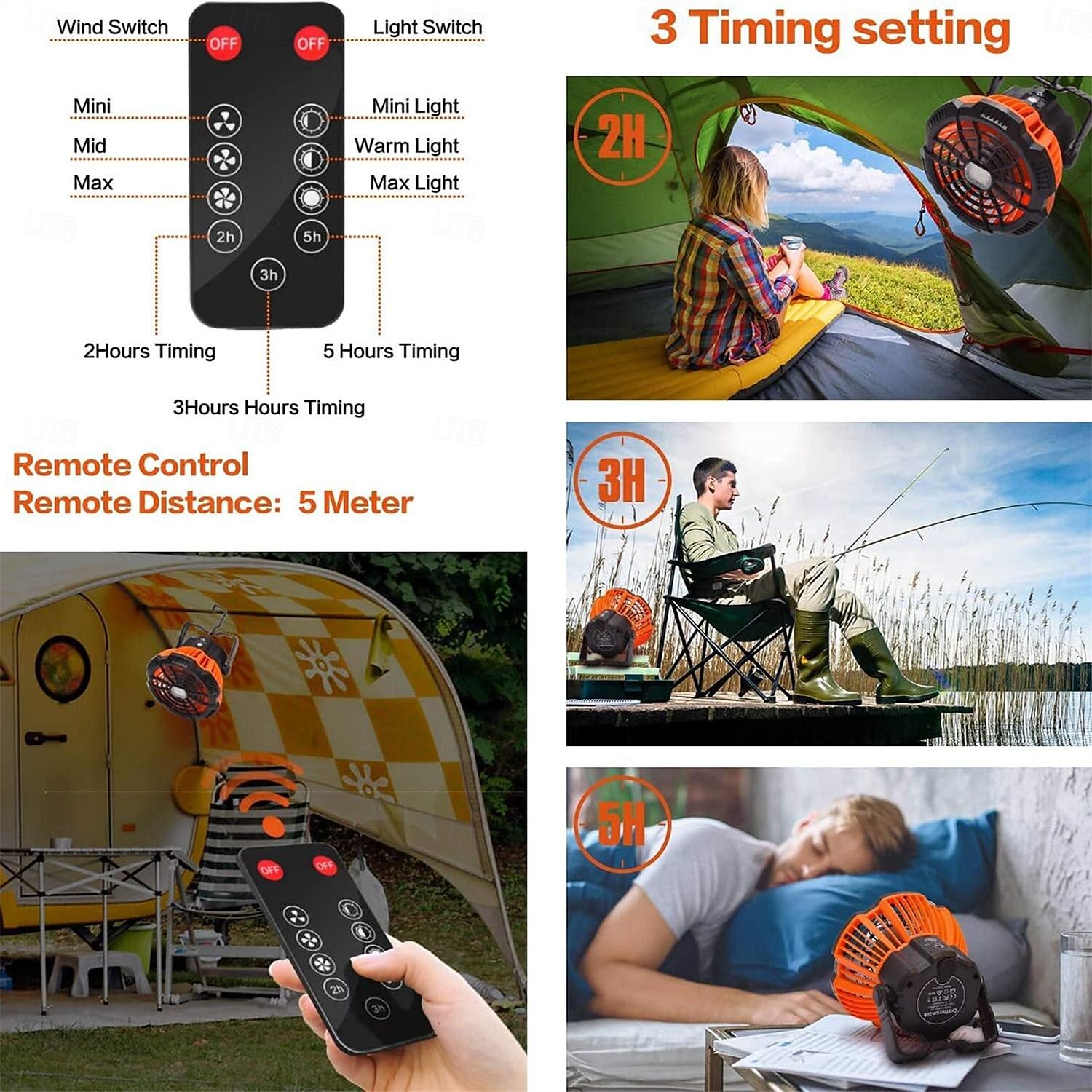 Battery Operated Fan with Light for Camping Tent & Hammock, 2 in 1 Remote USB Rechargeable Small Desk Fan With LED Lighting & Hanging Hook for Outdoor Camping, Office 2025 - $45.99 –P6