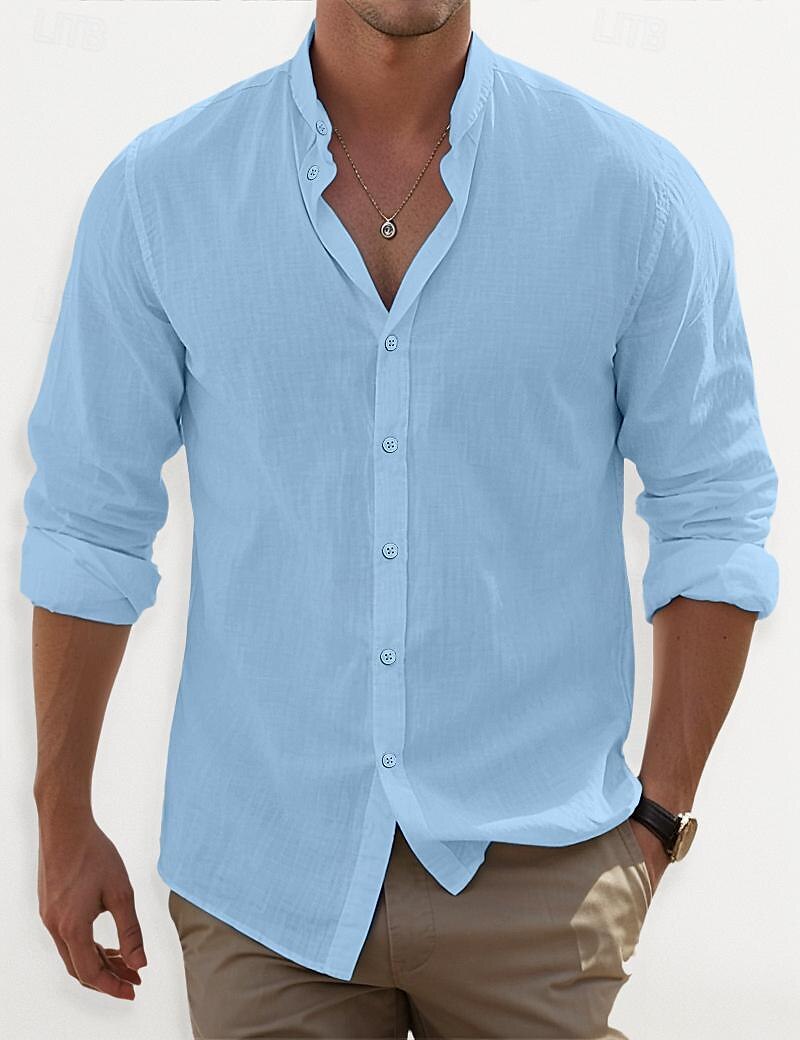 Voor heren Overhemd Overhemd met bandkraag Zomer overhemd Strand Kleding Overhemd met knopen Effen Casual Dagelijks Zwart Wit Blozend Roze blauw Lange mouw Band Kraag Lente zomer Kleding 2025 - $22.99 –P4