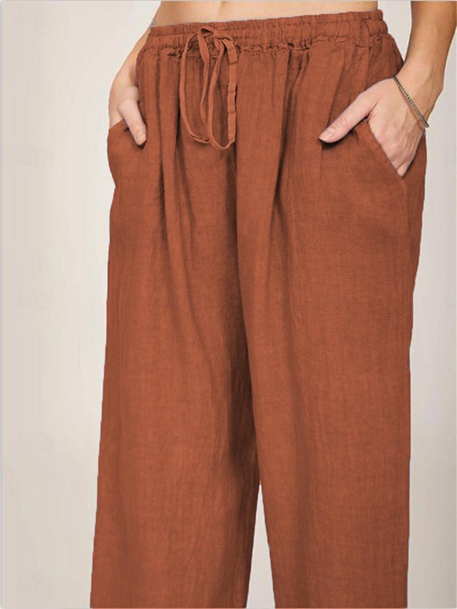 Damen Hose aus Baumwollleinen Komfort Einfarbig Tasche Elastischer Bund Atmungsaktiv Mikroelastisch Heim Schwarz Weiß Wein Marineblau Sommer 2025 - $21.99 –P16