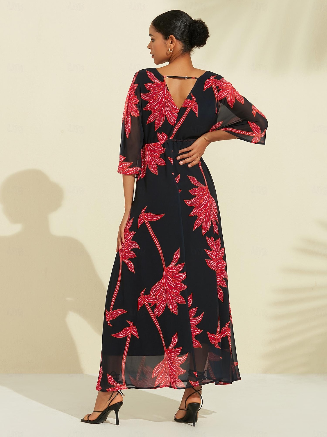 Per donna Abito Stampato Abito maxi Nero Manica 3/4 Foglia Stampa Fiori / Piante Stampa Primavera & Estate Scollo a V Spiaggia S M L del 2025 a $141.99 –P2
