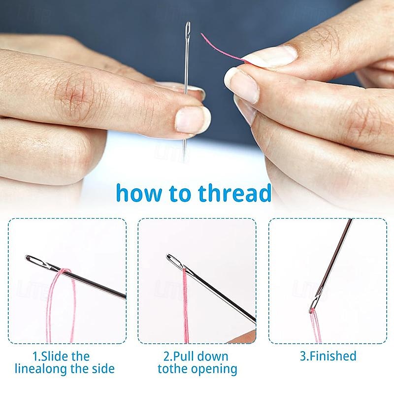 Side Threading 30 Pcs Self Threading Sewing Needles with Wood Case 6 Sizes of ...