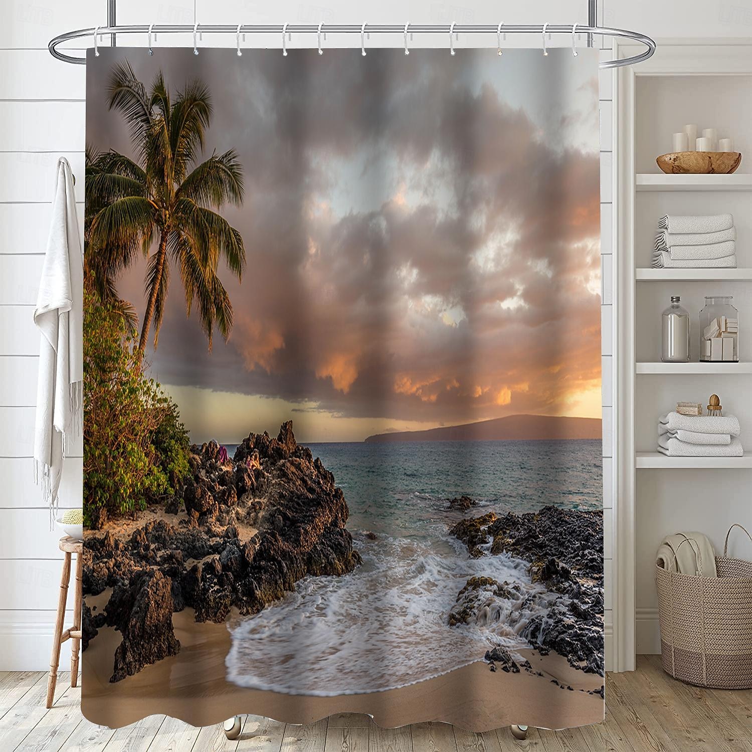 Κουρτίνα ντους με γάντζους 180cm*180cm(70"*70") Πολυεστέρας Πλενόμενη Αδιάβροχη Σχέδιο Μπάνιου Μπανιέρας Παραλίας Θάλασσα Καρύδα Δέντρο Τοπίο 2025 - $25.99 –P10