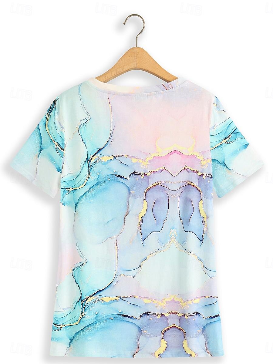 Women's T Shirt Marble Print Short Sleeve Round Neck Regular Tops Casual Daily Print Sky Blue All Seasons 2025 - $38.99 –P6