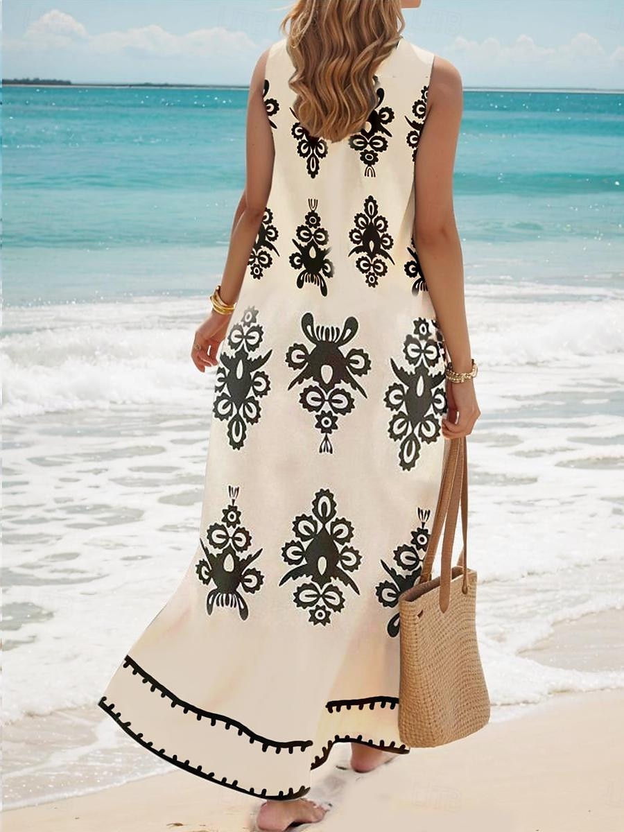 Dámské maxi šaty Sundress Shift šaty Letní šaty Bohemia Havajská Dovolená Party Volnočasové Volnější střih Geometrické Krátký rukáv Kruhový výstřih Khaki Léto 2025 - $36.99 –P2