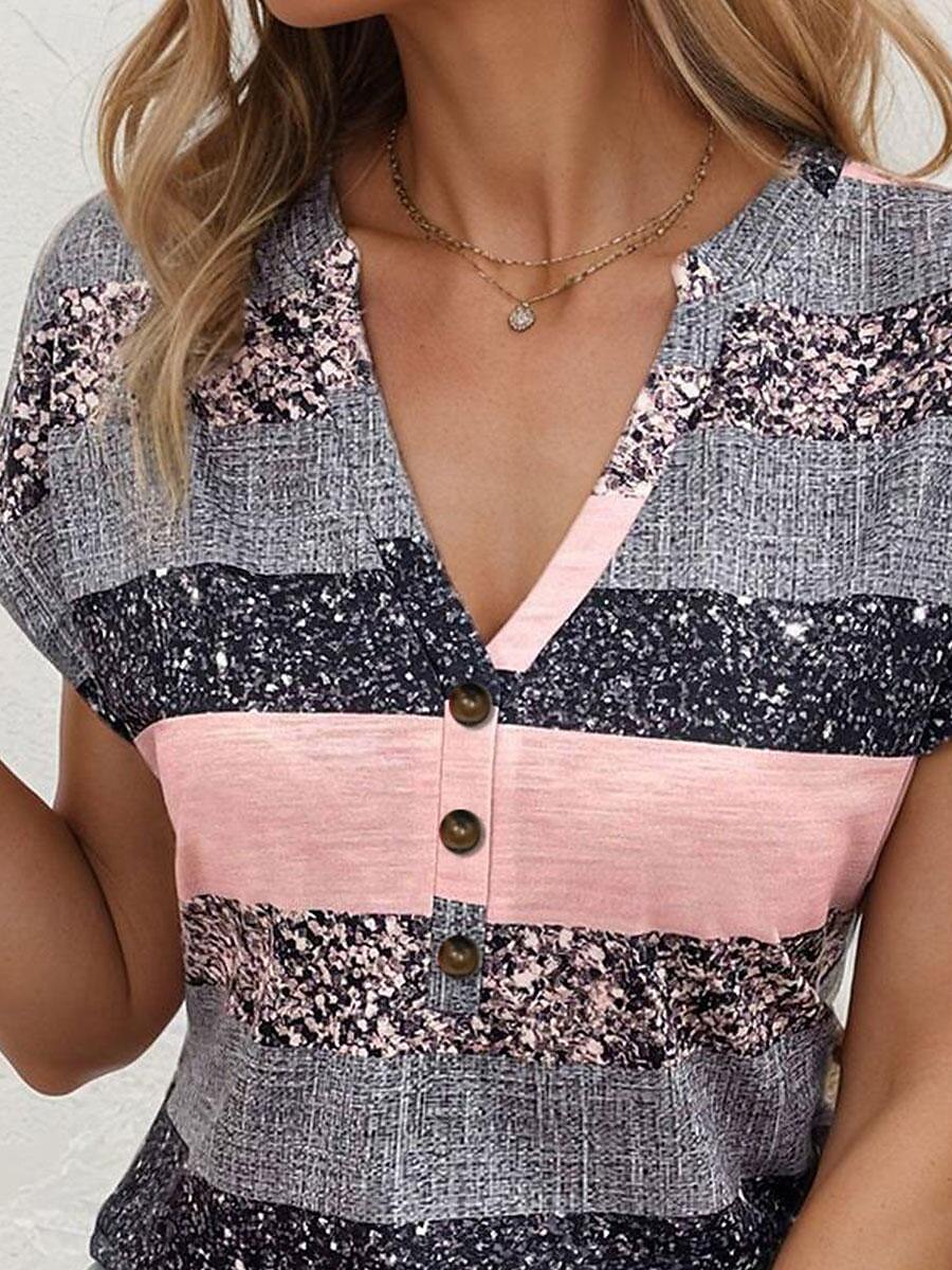 Dames T-shirt Gestreept Sprankelend Stijlvol Korte mouw V-hals Normale tops Dagelijks Uitgaan Knop Afdrukken Blozend Roze Zomer 2025 - $24.99 –P4
