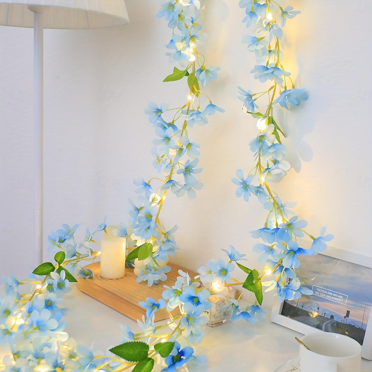 Elegant Wedding Party Reception Flower String Lights – Blue 6-Petal Floral Vine Battery Operated Fairy Lights for Bedroom Seasonal Home Decor 2026 - $14.49 –P2