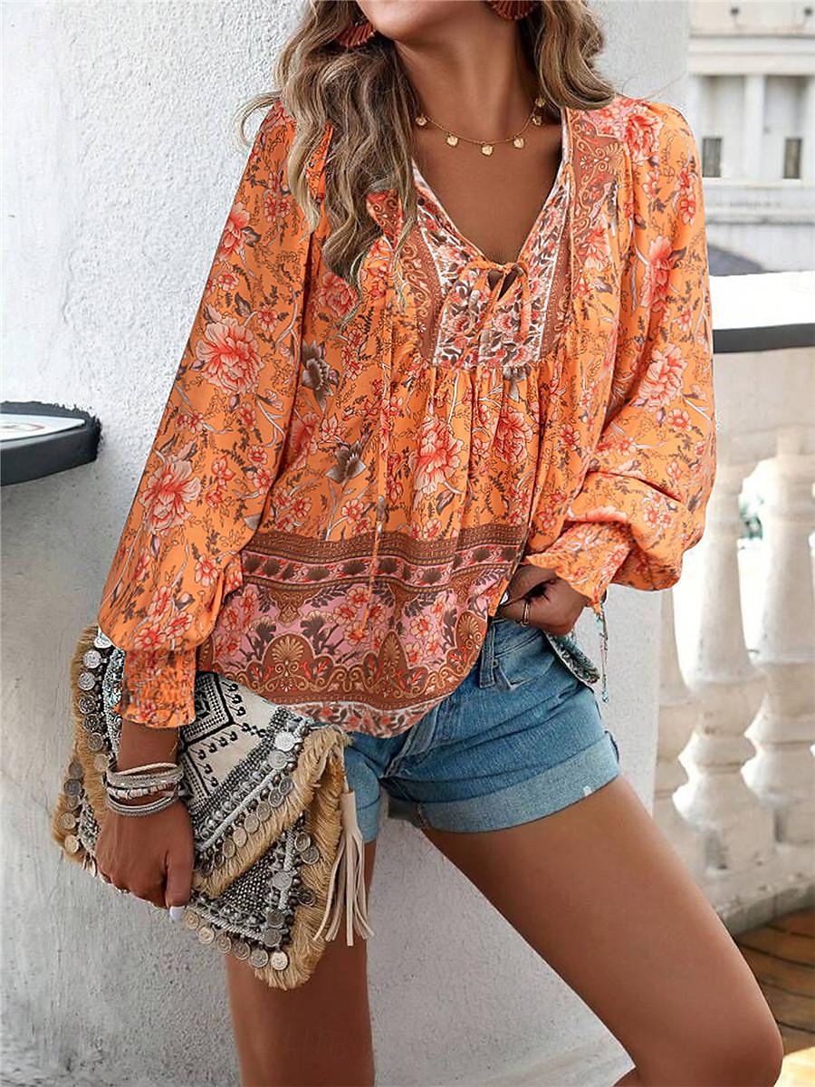 dameskjorte bluse casual boho floral blondetrykk lange ermer vanlige topper v-hals ferie strand rosa marineblå blå oransje sommer 2025 - $31.99 –P19