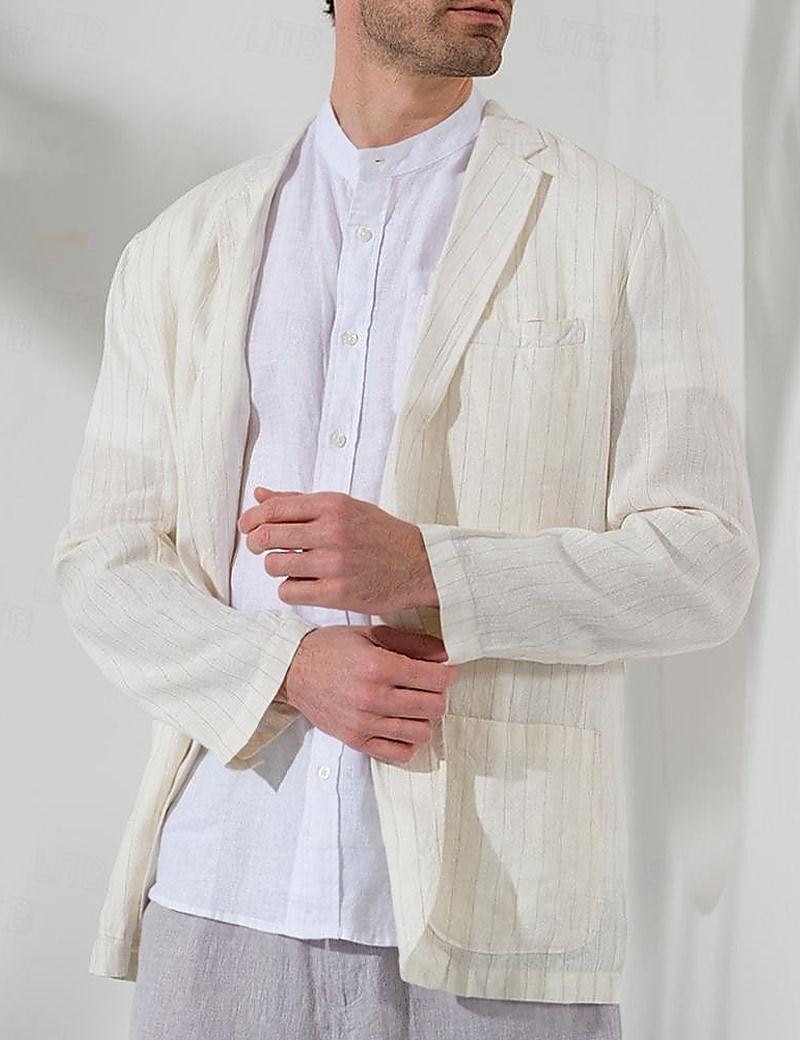 100% Linen Men's Linen Blazer Blazer Business Formal Evening Wedding Party Fashion Casual Spring &  Fall Stripes Pocket Casual / Daily Single Breasted Blazer White Navy Blue Coffee 2024 - $34.99 –P4