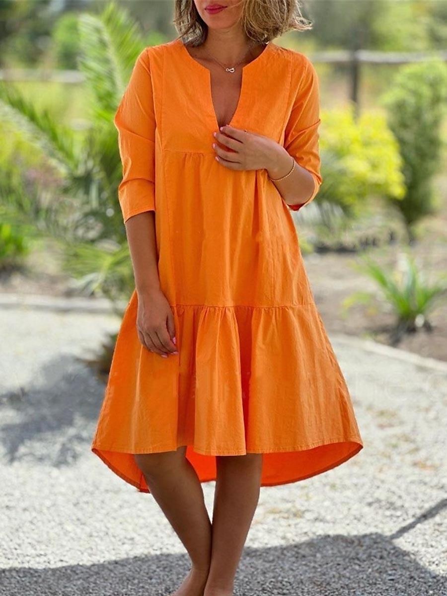 Women s Cotton Summer Dress Midi Dress Cotton Ruffle Hem Casual Vacation Split Neck 3 4 Length Sleeve Summer Spring Black Blue Plain 2024 29.99