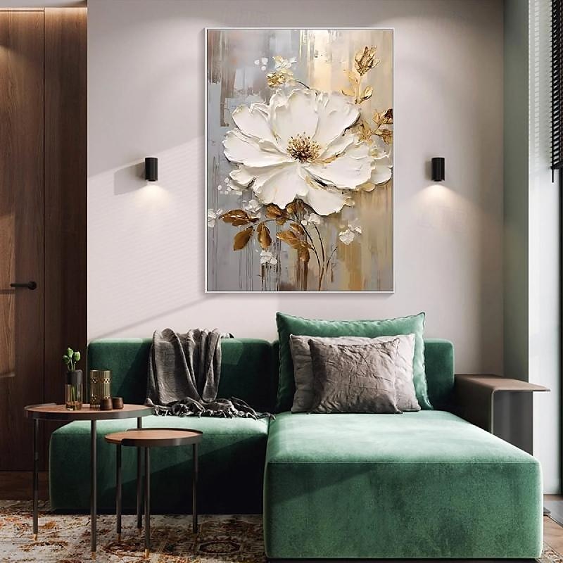 handmålad texturerat guld blomma oljemålning väggkonst abstrakt vit blomma målning på duk minimalistisk modern blommig oljemålning för vardagsrum målning elegant väggdekor fancy väggkonst 2025 - $116.99 –P2