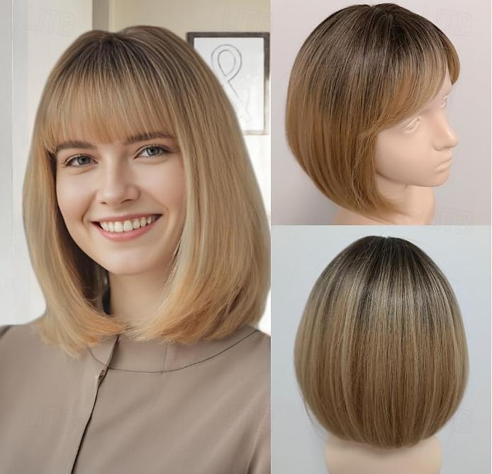 parrucca marrone scuro castano scuro biondo castano ramato con frangia parrucche naturali corte e diritte per le donne parrucche sintetiche lunghe fino alle spalle per il cosplay quotidiano del 2025 a $19.99 –P9