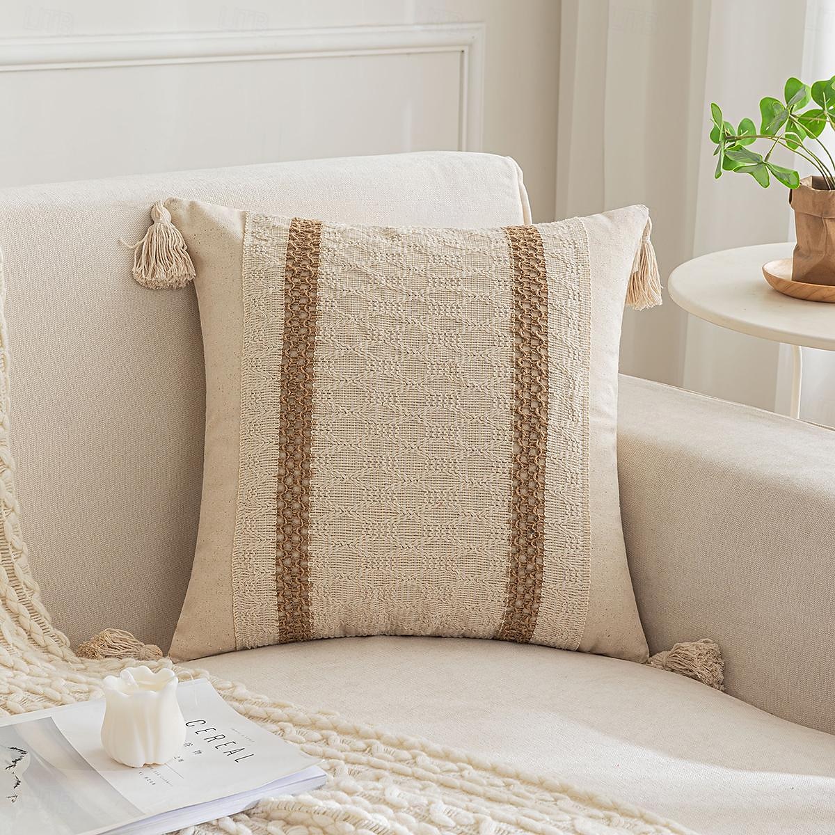 fodere per cuscini con nappe per soggiorno in fattoria, cotone&amp; Copricuscini boho in tela con texture a righe (beige&amp; marrone, riga singola) del 2025 a $16.99 –P4