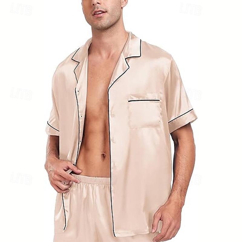 Homens Roupa de Dormir Conjunto de Pijama Top e shorts de pijama 1conjunto Tecido Moda à moda Clássico Casa Diário De Cama Poliéster Conforto Respirável Macio Lapela Manga Curta Camisa Social Calção de 2025 por $9.59 –P4