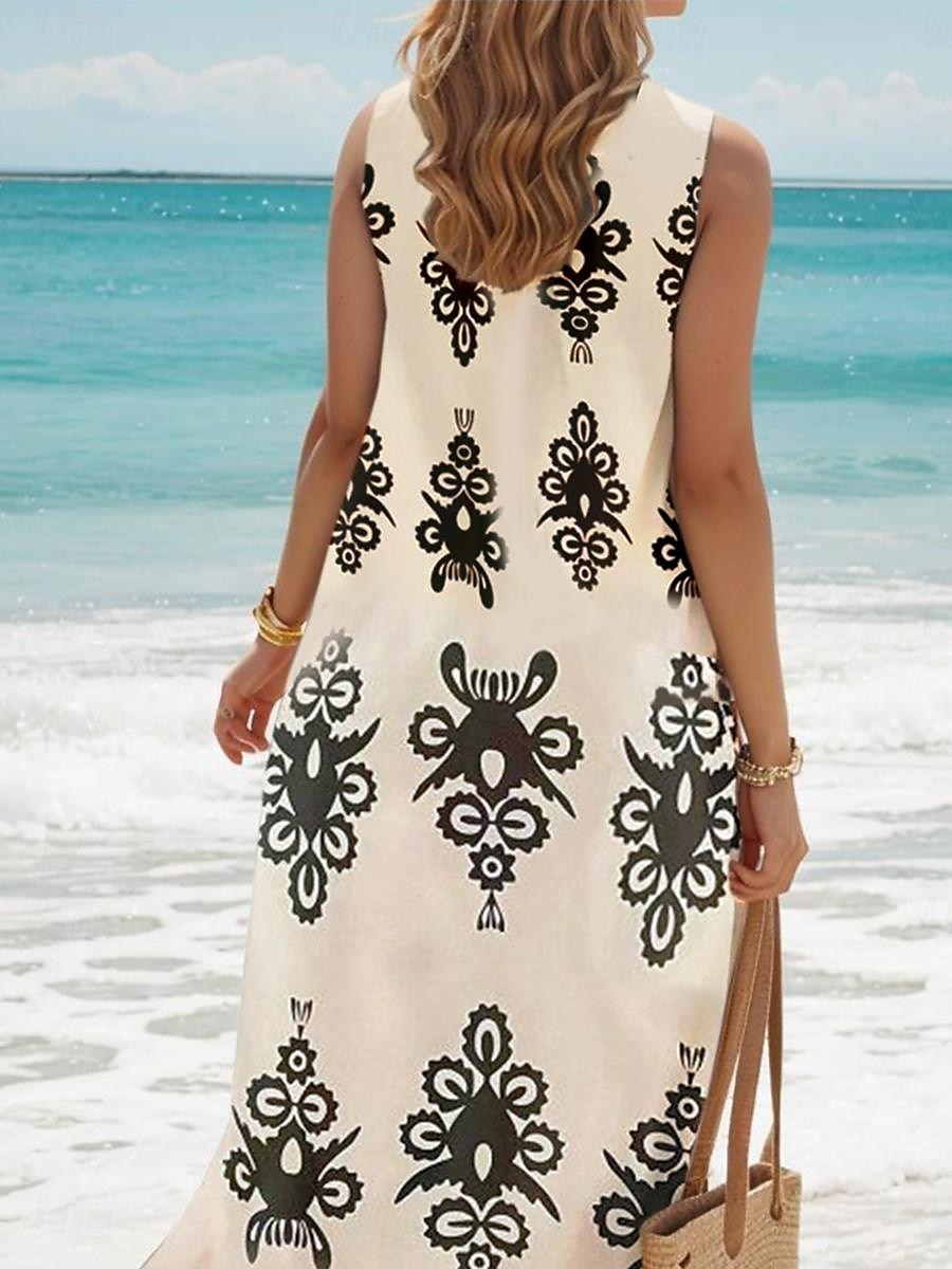 Dámské maxi šaty Sundress Shift šaty Letní šaty Bohemia Havajská Dovolená Party Volnočasové Volnější střih Geometrické Krátký rukáv Kruhový výstřih Khaki Léto 2025 - $36.99 –P3