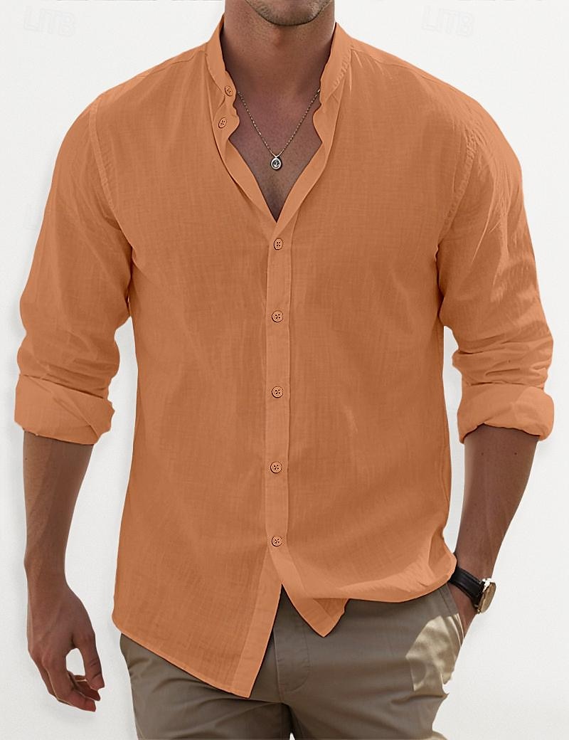 Voor heren Overhemd Overhemd met bandkraag Zomer overhemd Strand Kleding Overhemd met knopen Effen Casual Dagelijks Zwart Wit Blozend Roze blauw Lange mouw Band Kraag Lente zomer Kleding 2025 - $22.99 –P7