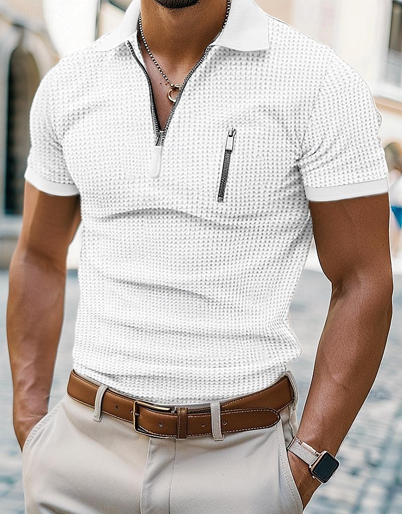 Per uomo Magliette Polo a Nido d'Ape Polo con zip Casuale Ferie Bavero Zip a un quarto Manica Corta Stile Vecchio Denaro Semplice Zip a un quarto Estate Vestibilità regolare Bianco Giallo Blu marino del 2026 a $28.99 –P6