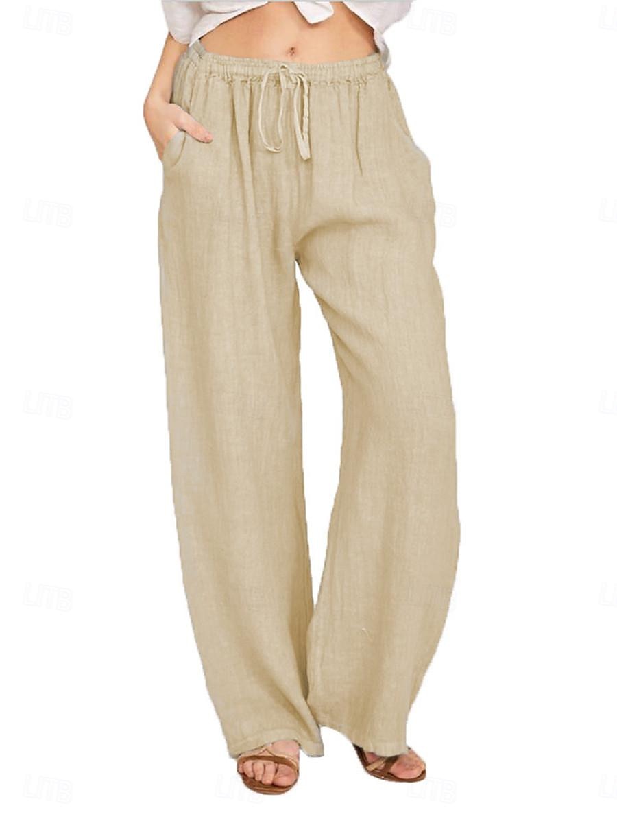 Damen Hose aus Baumwollleinen Komfort Einfarbig Tasche Elastischer Bund Atmungsaktiv Mikroelastisch Heim Schwarz Weiß Wein Marineblau Sommer 2025 - $21.99 –P11