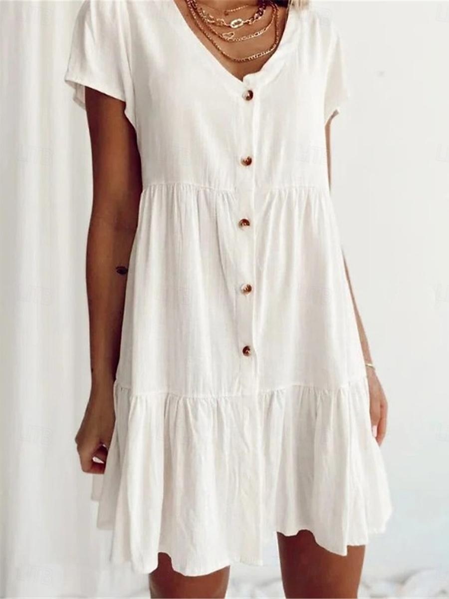 Women's White Sky Blue Purple Summer Spring Mini Dress Linen-Inspired Dresses White Dress Shirt Dress Casual Vacation Daily Loose Fit Plain V Neck 2025 - $22.99 –P1