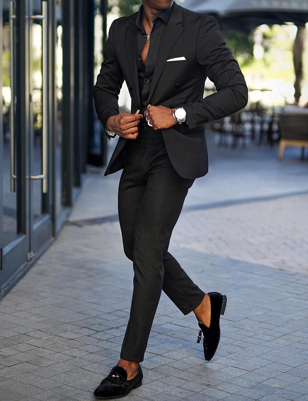 Men's Wedding Suits Black Burgundy Business Formal Solid Colored Tailored Fit 2 Piece Double Breasted Six-buttons 2025 - $112.99 –P2