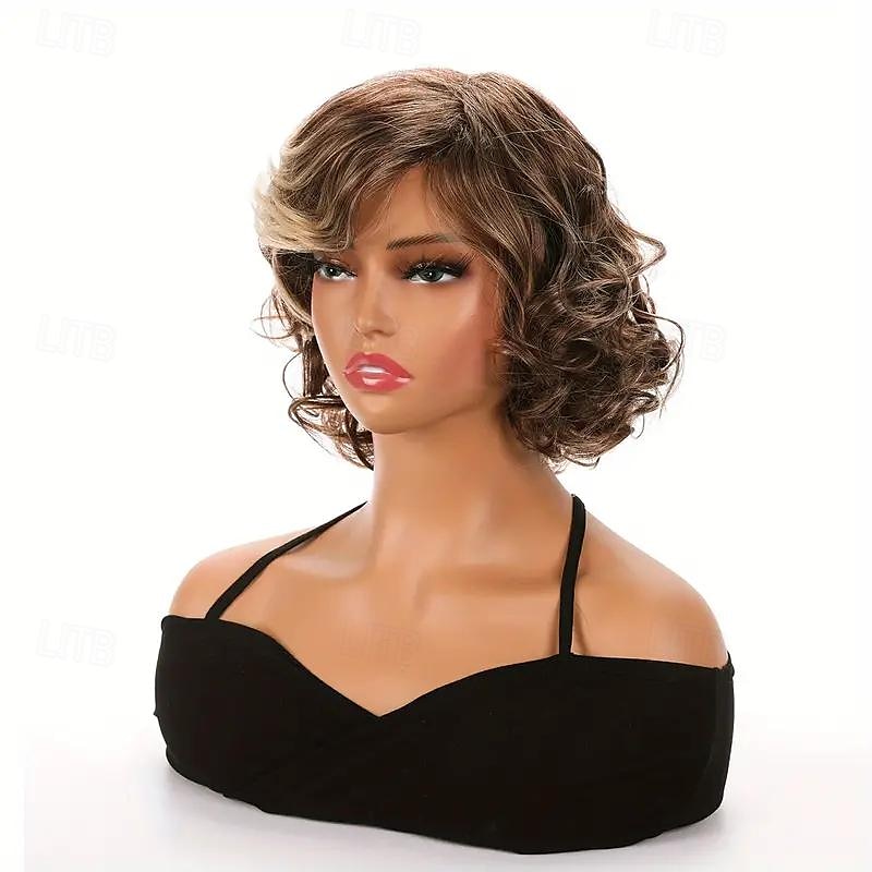 evidenziazione marrone shor bob parrucche per capelli ricci per le donne parrucche sintetiche resistenti al calore per la festa quotidiana uso di halloween capelli sintetici biondo dorato del 2025 a $19.99 –P3