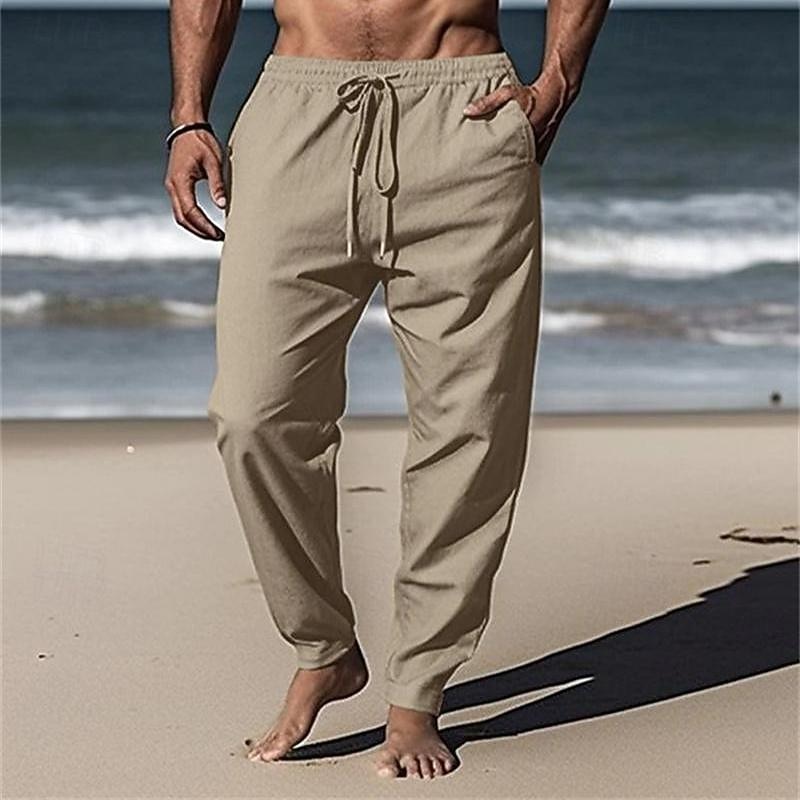 Sarouel Pour Homme En Coton - Coupe Large Et Confortable - Taille élastique Avec Cordon - Poches Profondes - Pour Yoga, Plage, Maison, Vacances - 4