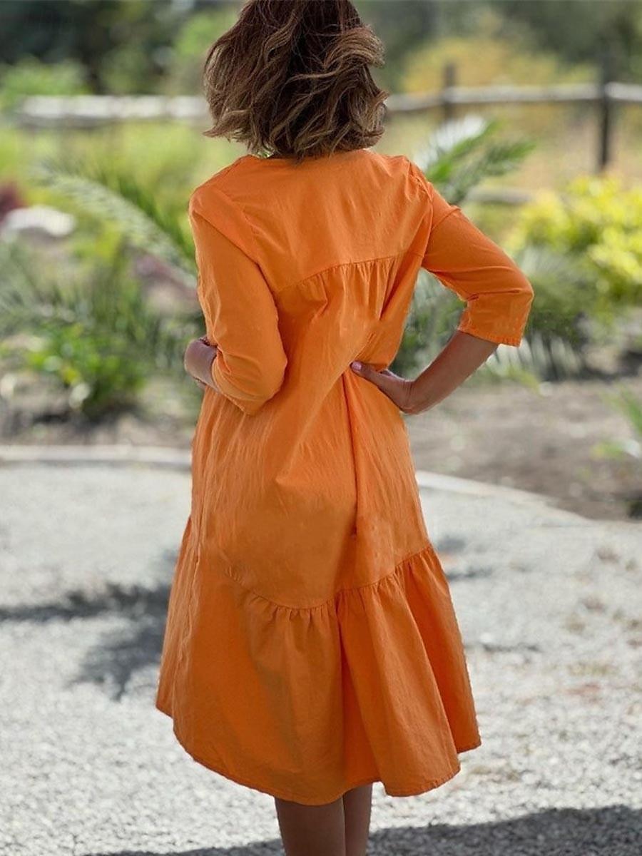 Femmes Noir Bleu Orange Été Printemps Robe Midi Robes inspirées du lin Robe en coton et lin Robe trapèze Occasionnel Vacances Coupe Ample Uni Col fendu de 2025 ? $32.99 –P2