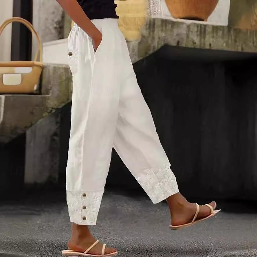 Mujer Pantalones de lino y algodón Pantalones Casual / Diario Hasta el Tobillo Plano Malla Bolsillos laterales Transpirabilidad Cómodo Rígido Noche Fin de semana Blanco Primavera verano Ajuste regular 2025 - GBP £32.99 –P2