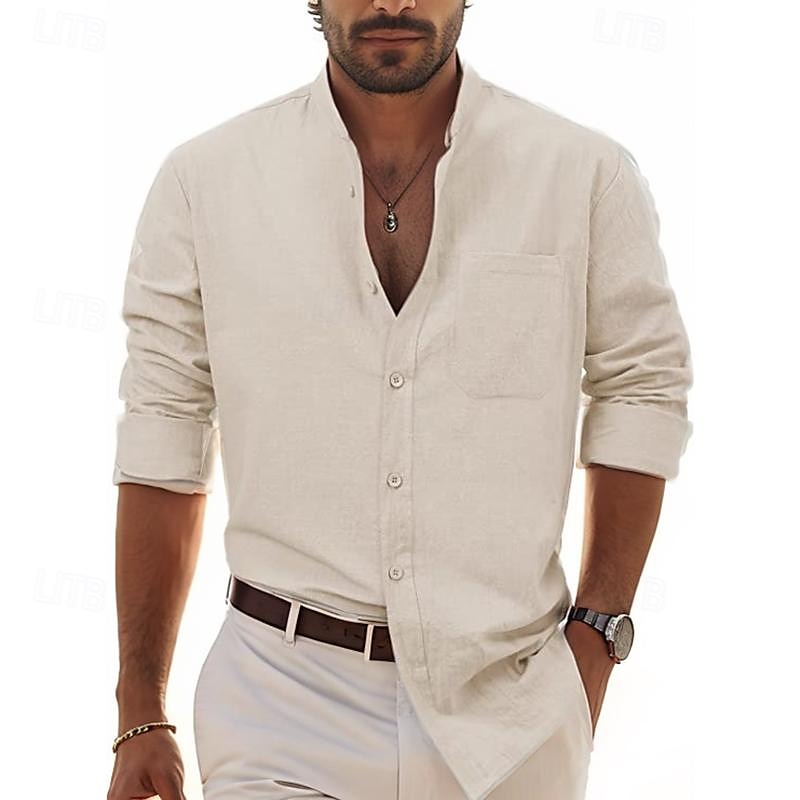 Per uomo Camicia Camicia in lino e cotone Camicia in cotone bianco Camicia con colletto cinese Camicia con colletto alla coreana Maglietta informale Liscio Da mare Hawaiano Nero Bianco Vino Blu marino del 2025 a $19.99 –P11