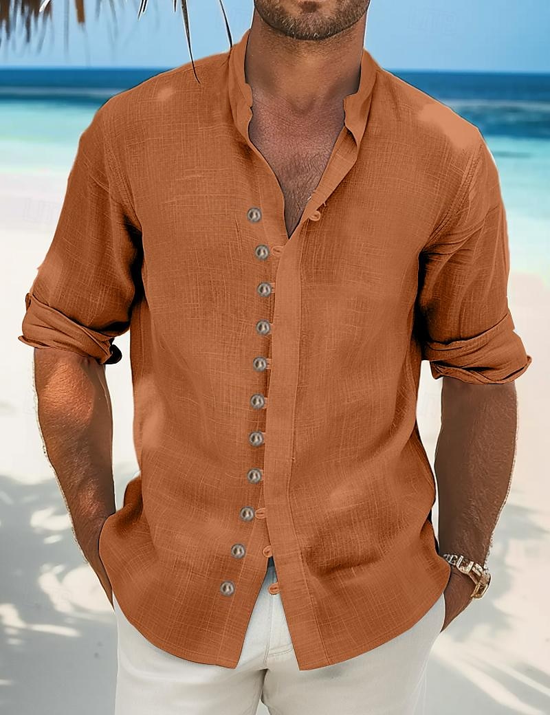 Per uomo Camicia camicia di lino Camicia estiva Abbigliamento mare Maglietta informale Camicia con bottoni Liscio Da mare Curise Nero Bianco Verde chiaro Rosa Manica lunga Colletto alla coreana del 2025 a $23.99 –P5