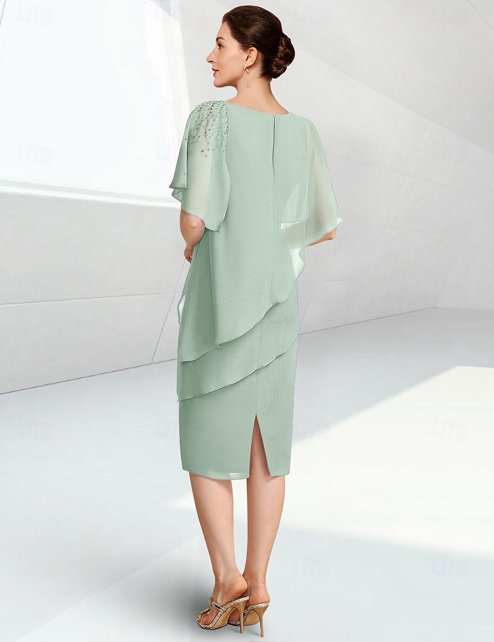 Tubino Colonna Lunghezza al ginocchio Vestito da Festa Abito da Cocktail Abito da invitata a nozze Abito da cerimonia per signora Mezza Manica Collo gioiello Elegante Ospite di nozze Chiffon con del 2026 a $172.99 –P5