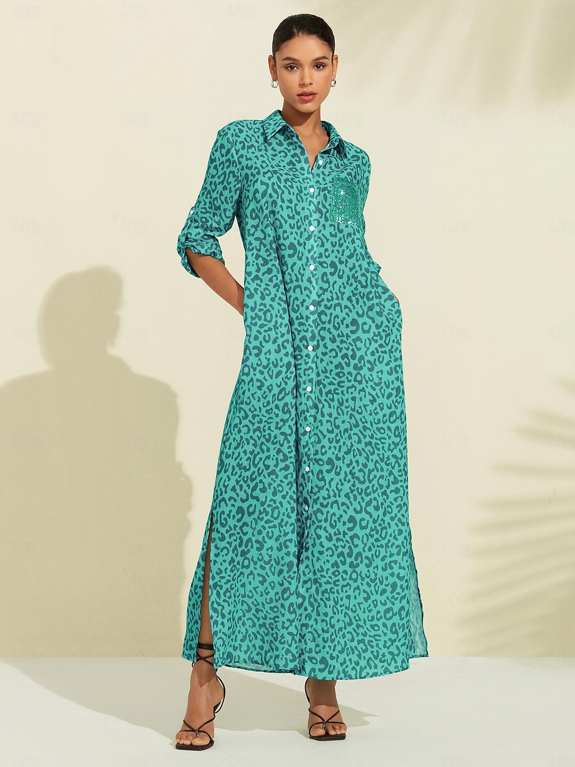 Sequin Leopard Print Maxi Shirt Dress 2024 - $52.99 –P1