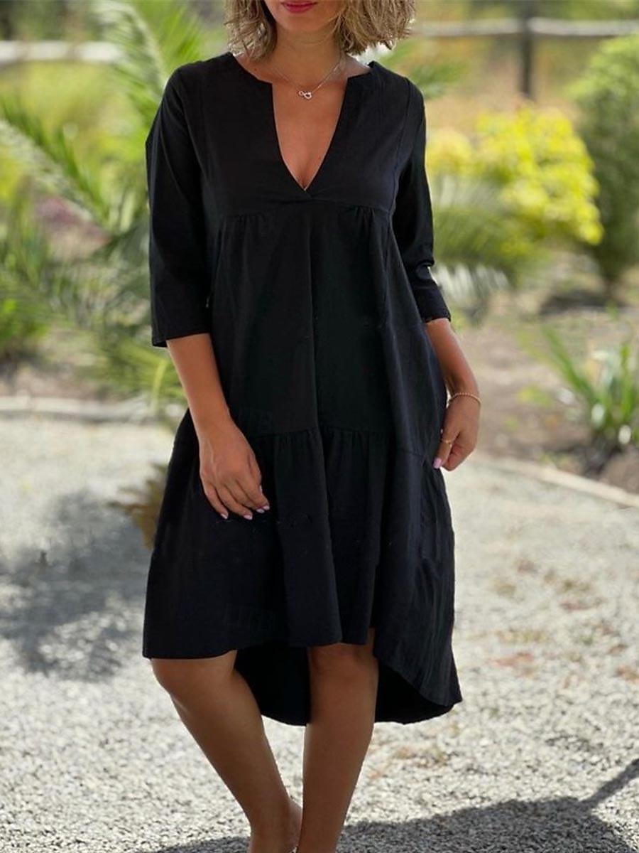 Femmes Noir Bleu Orange Été Printemps Robe Midi Robes inspirées du lin Robe en coton et lin Robe trapèze Occasionnel Vacances Coupe Ample Uni Col fendu de 2025 ? $32.99 –P5