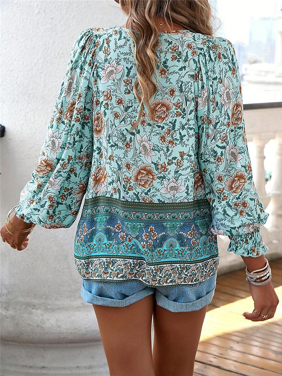 dameskjorte bluse casual boho floral blondetrykk lange ermer vanlige topper v-hals ferie strand rosa marineblå blå oransje sommer 2025 - $31.99 –P12