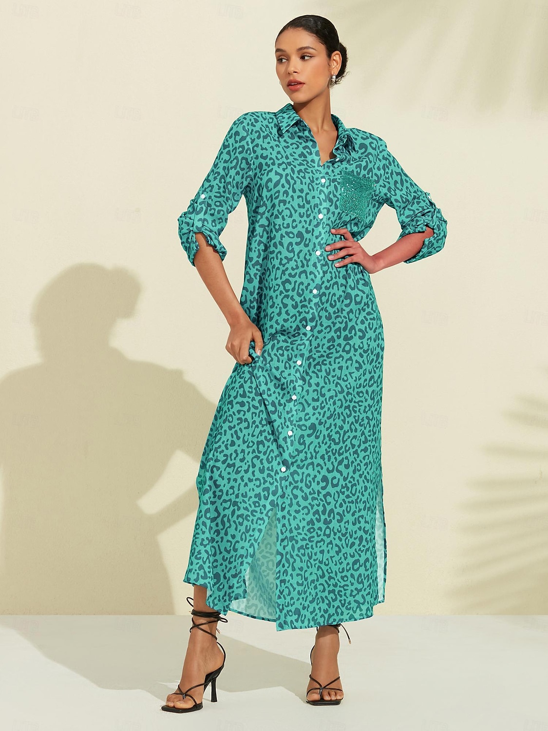 Sequin Leopard Print Maxi Shirt Dress 2024 - $52.99 –P6