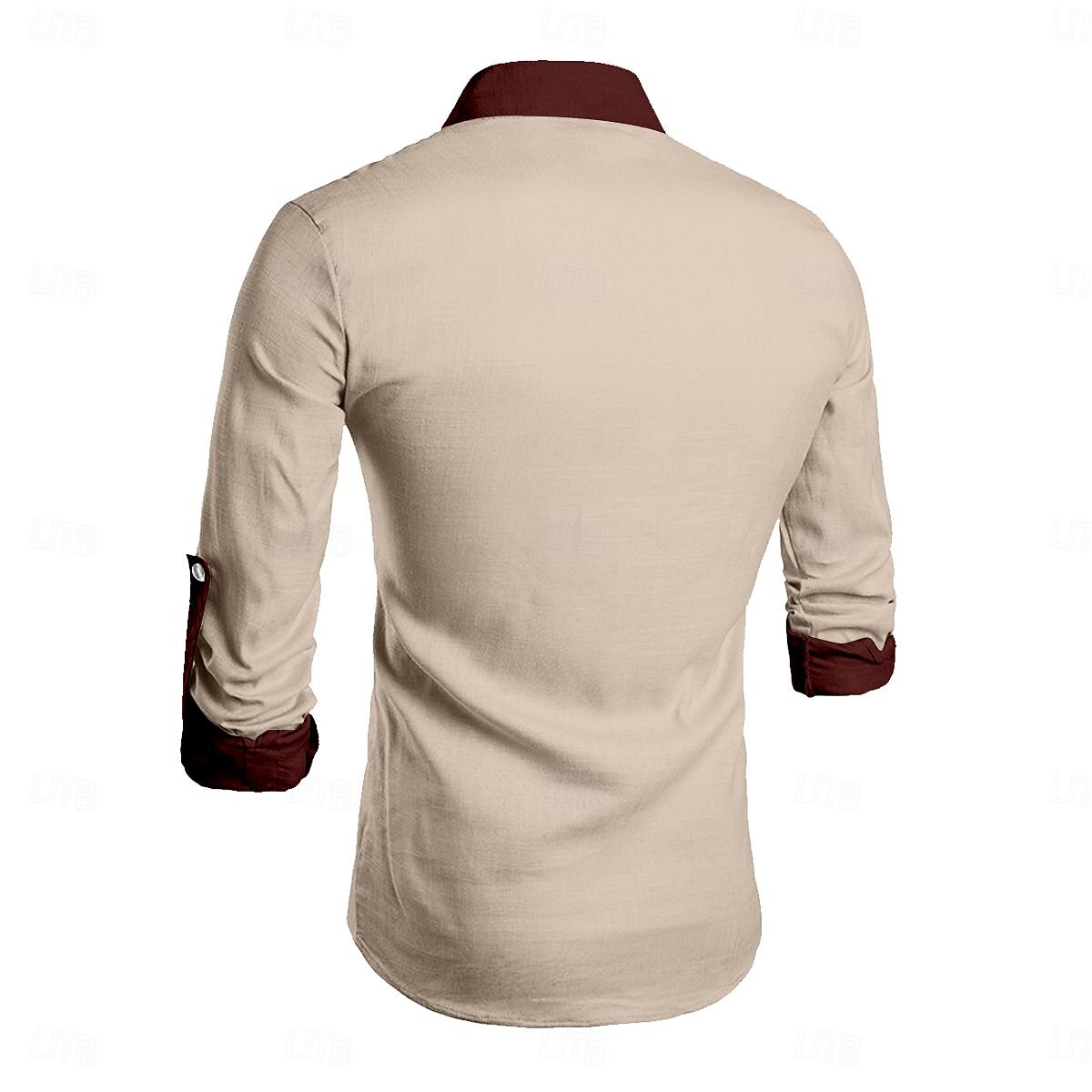 Herr Skjorta Linneskjorta Knapp upp skjorta Långärmad Mode Casual Semester Casual Ledigt Sommar Vår & Höst Hög krage Knappar Mönster Beige 2025 - $24.99 –P2
