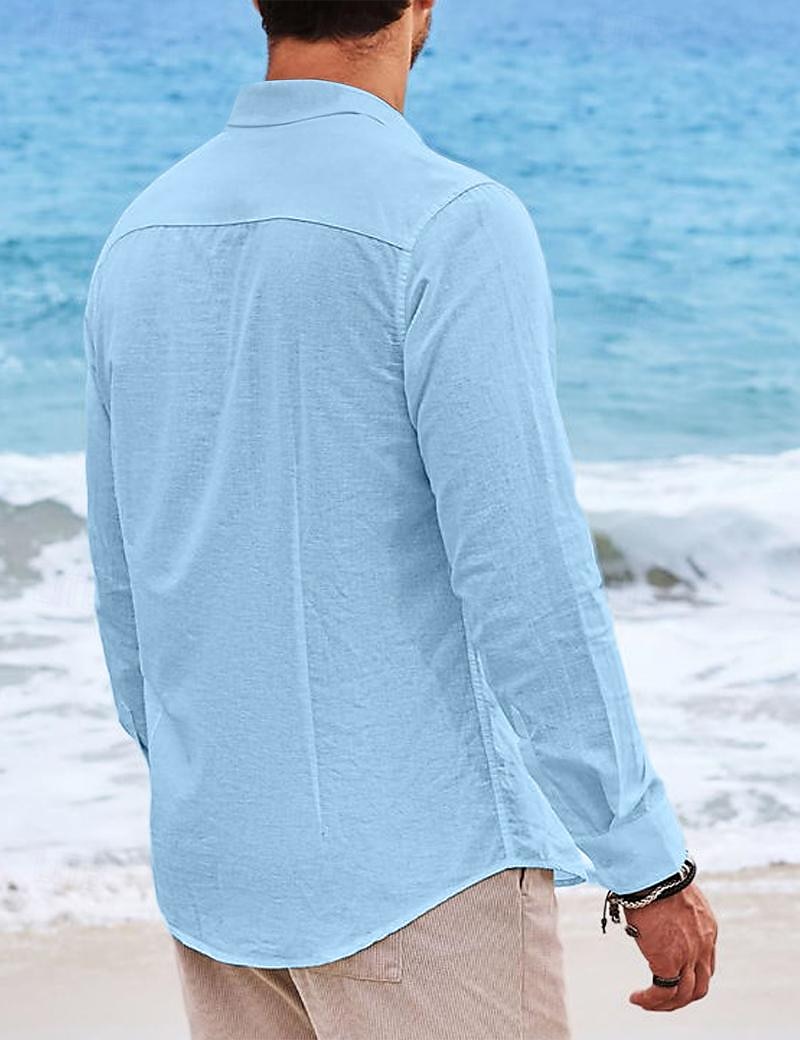 Per uomo Camicia camicia di lino Camicia estiva Abbigliamento mare Maglietta informale Camicia con bottoni Liscio Da mare Curise Nero Bianco Verde chiaro Rosa Manica lunga Colletto alla coreana del 2025 a $23.99 –P2