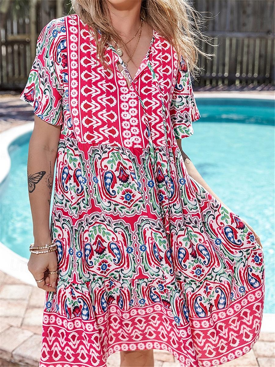 Dame Mini kjole Uformell kjole Boho elegante kjoler Sommerkjole Boho-kjole Fritid Bohem Feriereise Daglig Strand Løstsittende Blomstret Kortermet V-hals Rød Blå Fuksia Sommer 2025 - $35.99 –P1